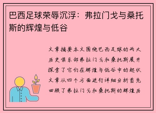 巴西足球荣辱沉浮：弗拉门戈与桑托斯的辉煌与低谷